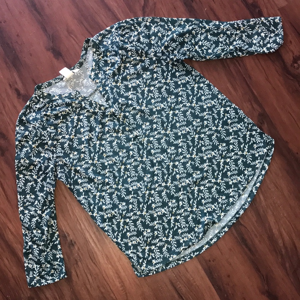 H&M Green White Henley Blouse S Small 3/4 Sleeve
